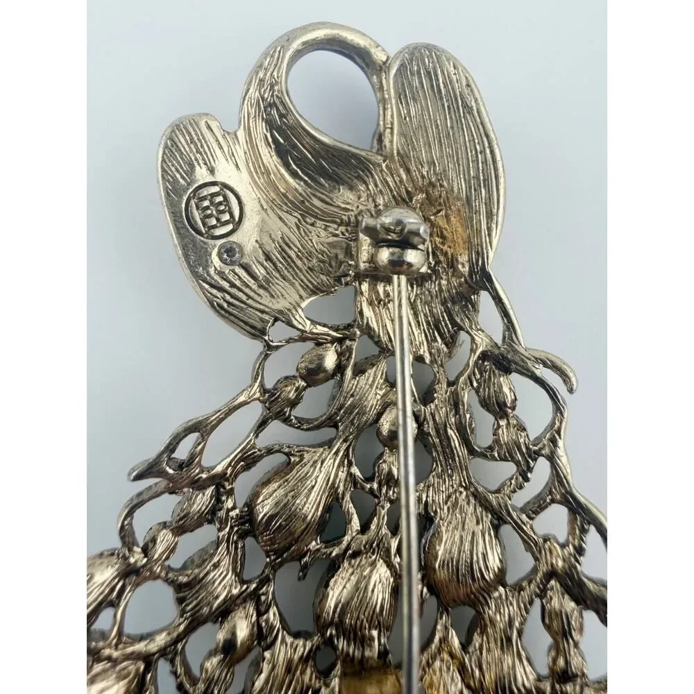 Dana Buchman Signed Peacock Brooch Blue Green Crystal Enamel Statement Pin
